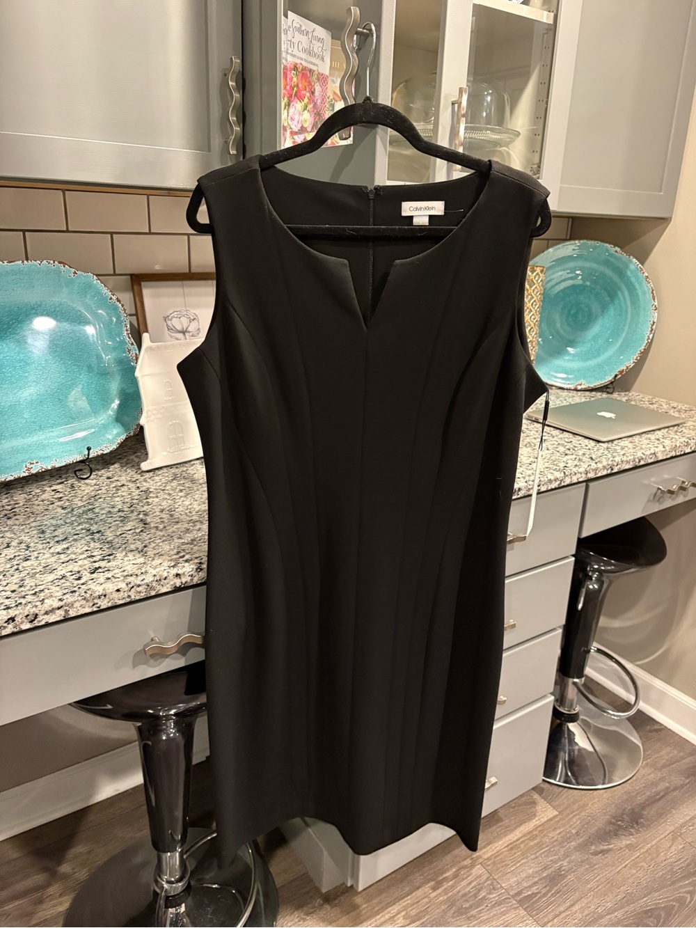 Calvin Klein Black Sleeveless Midi Sheath Dress with V-Notch - Picture 3 of 6
